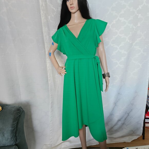 **DKNY Flutter Sleeve Faux Wrap Green Midi Dress** - Picture 1 of 11